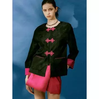 Blacknini Yin Huafu National Style New Noble Ink Dyed Rose-Su Jin New Chinese Mulberry Silk Jacket with Skirt Black Outwear M