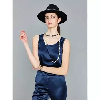 Blacknini Yin Huafu Natural Draping Wave Triacetate Satin Cool Feeling Vest Wide Leg Pants Navy Blue (Vest) S