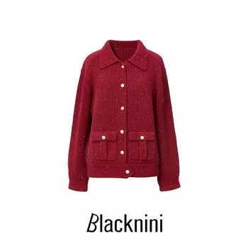 Blacknini Yin Huafu/ New Year Red Heavy Weight 26nm Conseini Cashmere Fancy Yarn Knitting Cardigan Red (97.9 cashmere) S