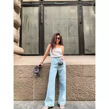 Blacknini Yin Huafu/Private Wear Development Light Blue Casual High Waist Cargo Pocket Small Wide Leg Jeans Blue S