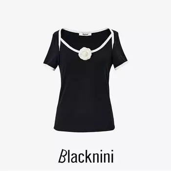 Blacknini Yin Huafu s Heart-Moving Fragrance Royal Use Big U-Neck Contrast Color Short Sleeve T-shirt Top Black(With Camellia Accessories (In Stock)) XS