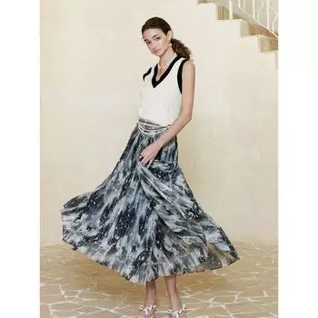 Blacknini Yin Huafu/Six-Meter Pleated Loose One-Piece Mulberry Silk Vintage Pleated Skirt Print XS