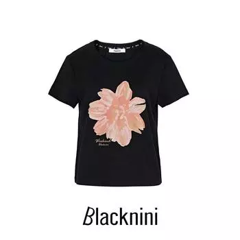 Blacknini Yin Huafu/Swan Neck Du + Luxury Brand Printing Crafts Elegant Yarn Cotton Short Sleeve T-shirt (Two Colors) Black S