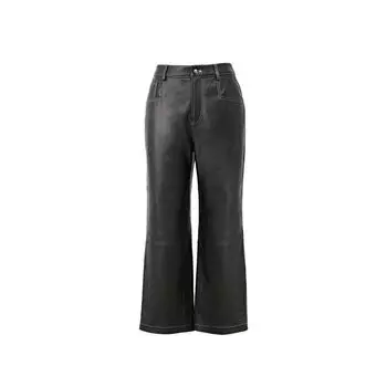 Blacknini Yin Huafu/ Universal Match Import Grade A Sheepskin Bright Line Straight Wide Leg Nine Points Leather Pants Black XL