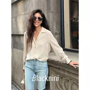 Blacknini Yin WAF/1oo Silk Crepe De Chine V-neck Swan Neck Silk Shirts (Two Colors) Black XS