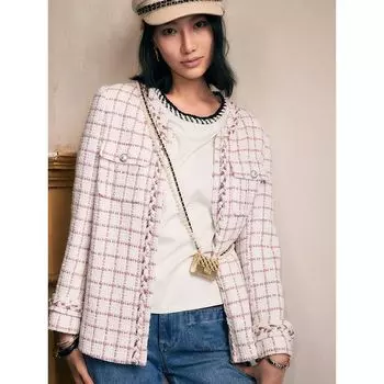 Blacknini Yin WAF/Afternoon Tea Break British Import Fabric Tweed Mid Length Long Length Pink Plaid Outwear Pink L