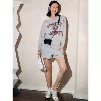 Blacknini Yin WAF/American Retro Athflow Style American Sweatshirt Suit Shorts-rice White L