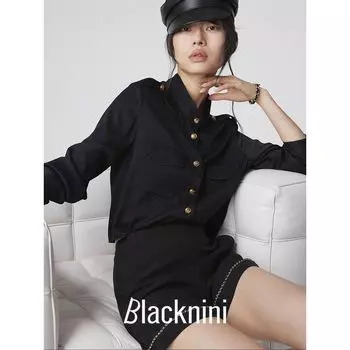 Blacknini Yin WAF/California Impression Silk Jacquard Shoelace Gold Buckle Shirt (Two Colors) Classic Black XS