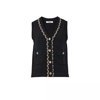 Blacknini Yin WAF/ Gatsby Australian Mernu Wool Gold Silk Trim Knitting Vest Cardigan Vest S