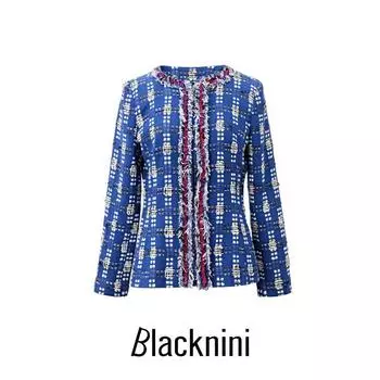 Blacknini Yin WAF/ Sapphire British Linton Fragrant Royal Blue and White Plaid Luxury Brand Tweed Outwear Blue XS