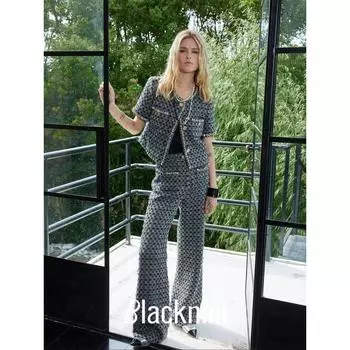 Blacknini Yin Waffle/ Cube Candy Set British Luxury Brand Royal Linton Fabric Plaid Tweed Outwear Black gray Suit (Outwear + pants) S