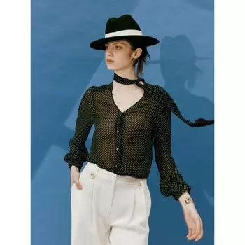Blacknini Yin Waffle/French Romantic 12 MMI Qiaoqi 1oo Silk Ribbon Black and White Polka Dot Shirt Black Shirt(Part of In Stock) M