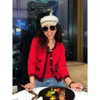Blacknini Yin Waffle/Good Luck Comes Heavy Weight Conseini Cashmere Contrast Color Classic Style Knitting Suit Red Suit (Outwear/sling) M(Waffer size)