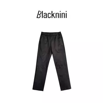 Blacknini Yin Waffle/Magic Bar Black Plant Elastic Goatskin Elastic Waist Breathable Comfortable Cropped Leather Pants Black S
