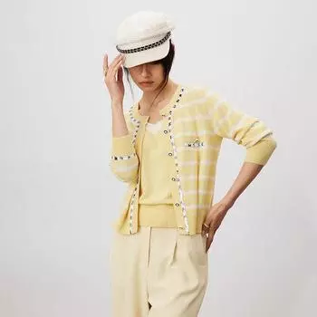 Blacknini Yin Waffle/Menghui Paris Wool Cashmere Handmade Beaded Cardigan Overall Dress Set Lemon yellow-Suit XL