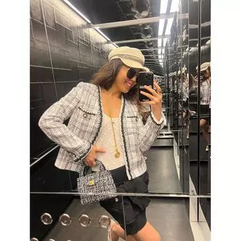 Blacknini Yin Waffle/ Nocturne British Linton High-End Tweed Fabric Black and White Plaid Outerwear/Skirt Plaid-Skirt S