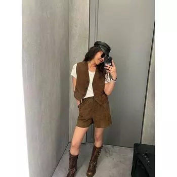 Blacknini Yin Waffle/Trendy Trend Mercerized Suede Goatskin Suit Vest Elastic Waist Shorts Suit Shorts XS