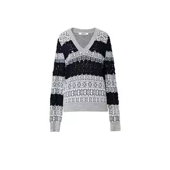 Blacknini Yin Waffle Triple Yarn Luxury Fair Island Jacquard Wool Cashmere Crochet Knitting Sweater Black(Wool cashmere blend) S