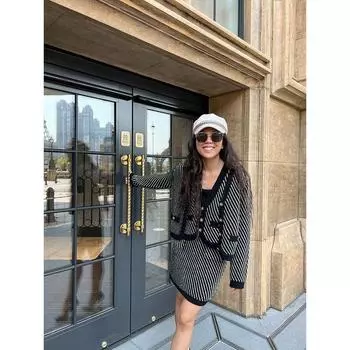 Blacknini Yin Waffle/Twill Silver Onion Texture Wool Knitting Outwear/Vest/Skirt Three-Piece Set Skirt XL