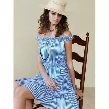 Blacknini Yinhuafu/Vacation High Density Yarn-Dyed Stripes French Two-Way off-Shoulder Pima Cotton Dress Stripes XS