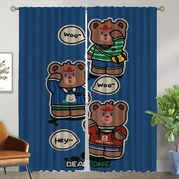 Blackout Curtains 2 Pieces Bear Window Curtain for Room 2 Panel Shades Partition Tulle for Bedroom Home Interior Curtains Living W50xH70cmx2pcs-CL