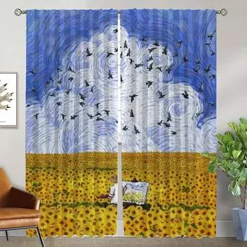 Blackout Curtains for Living Room Van Gogh Window Curtain Partition Shades Tulle for Bedroom Halloween Decoration Kitchen Camera W50xH70cmx2pcs-CL