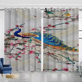Благоприятный узор павлина с цифровой печатью. Главная комната, декорированная 90-граммовой полиэфирной тканью для штор, две панели. W50xH130(CM)x2pcs&Hook красный
