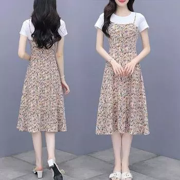 Благородная леди стройнящая шифоновая юбка на бретелях модная имитация двух частей Yellow XXXL (67.50 kg-72.50 kg