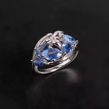 Благородное элегантное синее кольцо с натуральным кианитом темно-синего цвета с драгоценными камнями из серебра для женской помолвки и банкета.