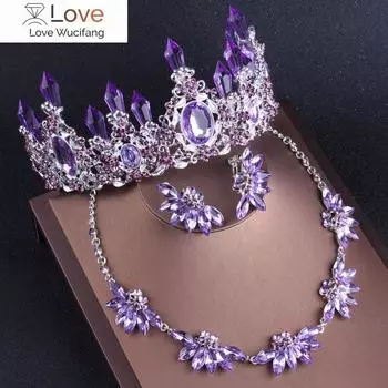 Благородный Фиолетовый Кристалл Свадебные Ювелирные Наборы Ожерелья Серьги Корона Диадемы Набор Африканских Бусин Комплект Ювелирных Изделий Свадебное Платье Аксессуары
