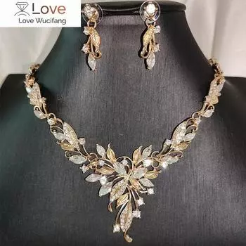 Благородный свадебный комплект ювелирных изделий для женщин, подарок подружке невесты, комплект ожерелья с кристаллами, комплект серег, золотой цвет, серебряный цвет