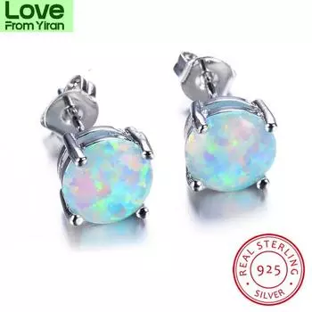 Blaike 100% стерлингового серебра 925 пробы белые огненные опаловые серьги-гвоздики для женщин ювелирные изделия 8 мм круглые каменные серьги-гвоздики с камнями по рождению