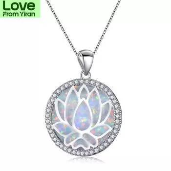 Blaike 925 стерлингового серебра Радужный цветок лотоса Подвески Белый / Синий огненный опал Камень рождения ожерелья для женщин Циркон Изящные ювелирные изделия