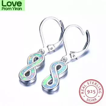 Blaike S925 стерлингового серебра буквы 8 в форме синего / белого огненного опала серьги-подвески для женщин Любовь Бесконечность камень рождения ювелирные изделия