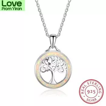 Blaike Vivid White Fire Opal Circle & Life Tree Подвески из цельного серебра S925 пробы с полым камнем на ключицу для женщин