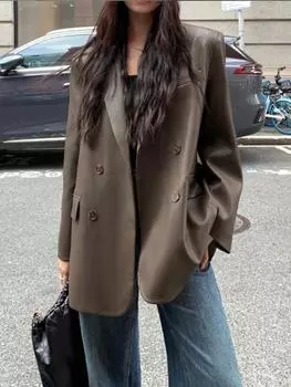 Блейзер из искусственной кожи, женская уличная кожаная куртка, женская осенняя однотонная двубортная куртка с длинными рукавами, свободное крутое пальто для девочек XL