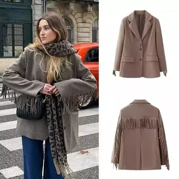 Блейзер из твида с кисточками для женщин, офисный пиджак с длинным рукавом, уличная одежда для осени и зимы, верхняя одежда S верблюд