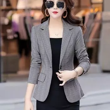 Блейзер на одной пуговице, женская куртка, приталенный офисный женский пиджак, пальто, шикарная клетчатая верхняя одежда, женские куртки с карманами, модные топы S