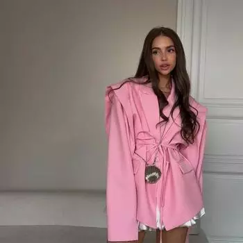 Блейзер-пальто с кружевной шнуровкой на плечах для женщин, элегантный отложной воротник, длинный рукав, карманы, приталенный крой, шикарная женская верхняя одежда для S розовый
