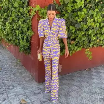 Блейзер с принтом и плиссировкой на поясе, женские брюки, комплект на весну и лето, модное пальто с коротким рукавом и V-образным вырезом, свободные брюки в стиле ампир S
