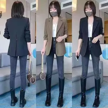 блейзер женский весенне-осенний топ свободный драпированный средний и длинный повседневный большой размер тонкий маленький костюм S 80-50 kg чёрный