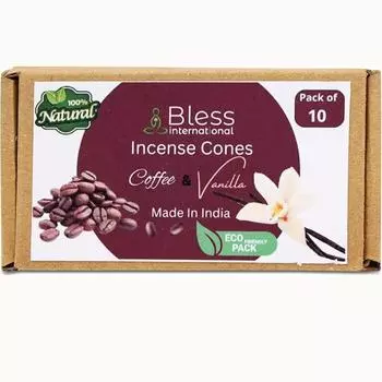 Bless International Coffee and Vanilla 100%-Natural-Incense-Cones Handmade-Hand-Dipped Organic-Chemicals-Free for-Purification-Relaxation-Positivity Pack Of 10 Cones