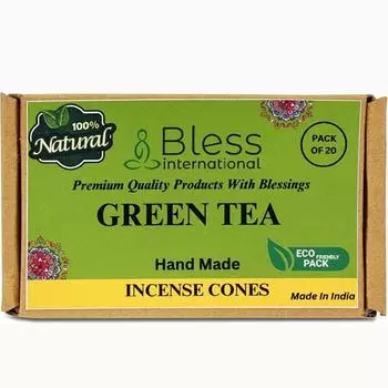 Bless International Green-Tea 100%-Natural-Incense-Cones Handmade-Hand-Dipped Organic-Chemicals-Free for-Purification-Relaxation-Positivity Pack Of 10 Cones