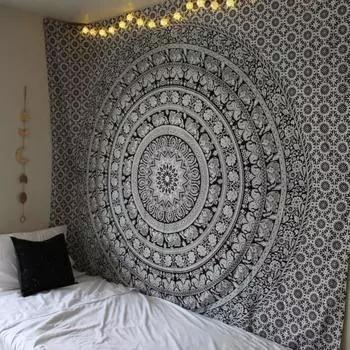 Bless International Handmade Indian hippie Bohemian Psychedelic Elephant Mandala Wall hanging Table Cloth Bedding Tapestry (Black And White) Poster
