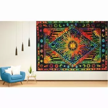 Bless International Handmade Индийский хиппи Богемный Психоделический Небесный Солнце Луна Настенный декор Постельное белье Гобелен (Оранжевый Мульти) Poster