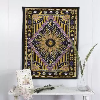 Bless International Handmade Индийский хиппи Богемный Психоделический Небесный Солнце Луна Настенный декор Постельное белье Гобелен (Фиолетовый/Желтый) Poster