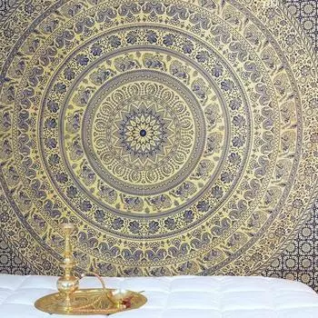 Bless International Handmade Индийский хиппи Богемный Психоделический Слон Мандала Настенный декор Постельное белье Гобелен (Темно-синий и золотой) Poster