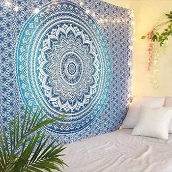 Bless International Индийская традиционная мандала Хиппи настенное украшение, хлопковый гобелен Ombre Bohemian Покрывало (синий) Poster