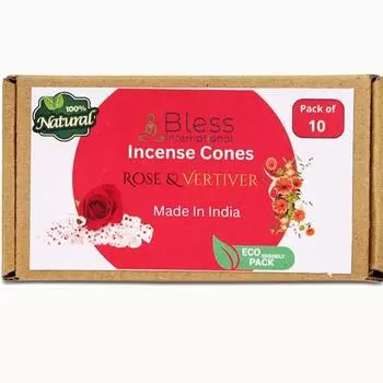 Bless International Rose and Vertiver 100%-Natural-Incense-Cones Handmade-Hand-Dipped Organic-Chemicals-Free for-Purification-Relaxation Pack Of 10 Cones