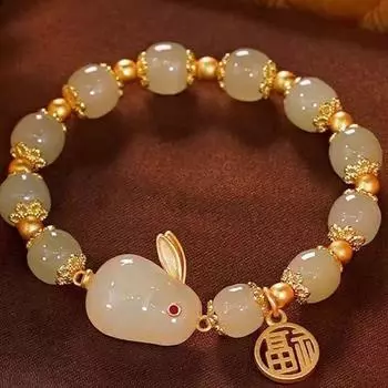 Blessing Card Jade Hare Bracelet for Women New New Chinese Style Rabbit Ornament Good-looking Students Bracelet Girlfriends White beads lucky word Jade Rabbit